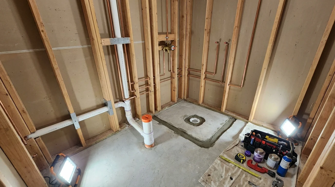 Bathroom rough-in plumbing during remodel by Johns Plumbing LLC in Martindale