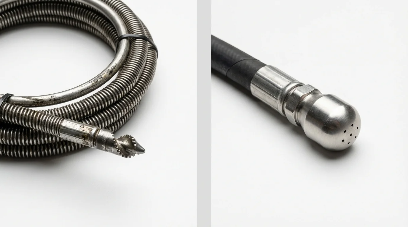 Drain snake cable and hydro jetting nozzle used for drain cleaning in Martindale, TX