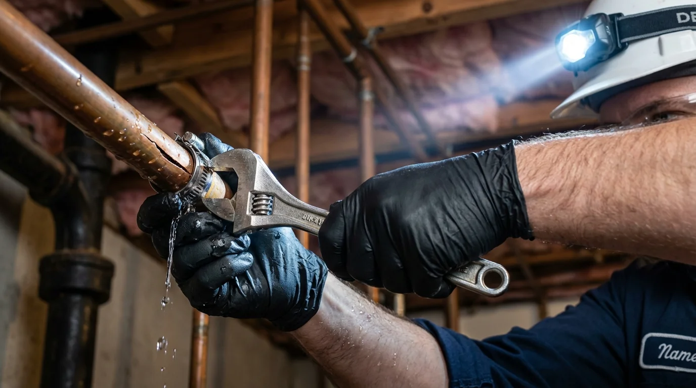 Emergency pipe clamp repair being performed by a Johns Plumbing LLC plumber in Martindale