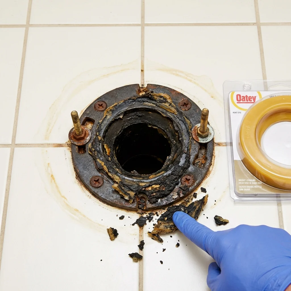 Failed wax ring showing water seepage at the base of a toilet in a Martindale, TX home