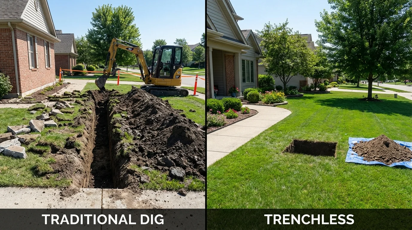 Trenchless sewer repair with minimal yard damage versus traditional excavation in Martindale, TX
