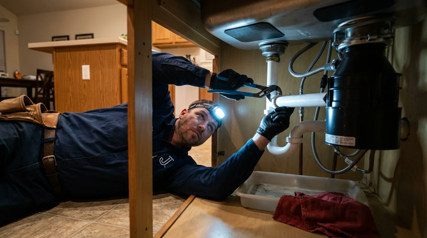 P-trap and supply line connections under a kitchen sink showing a common leak point in Martindale, TX